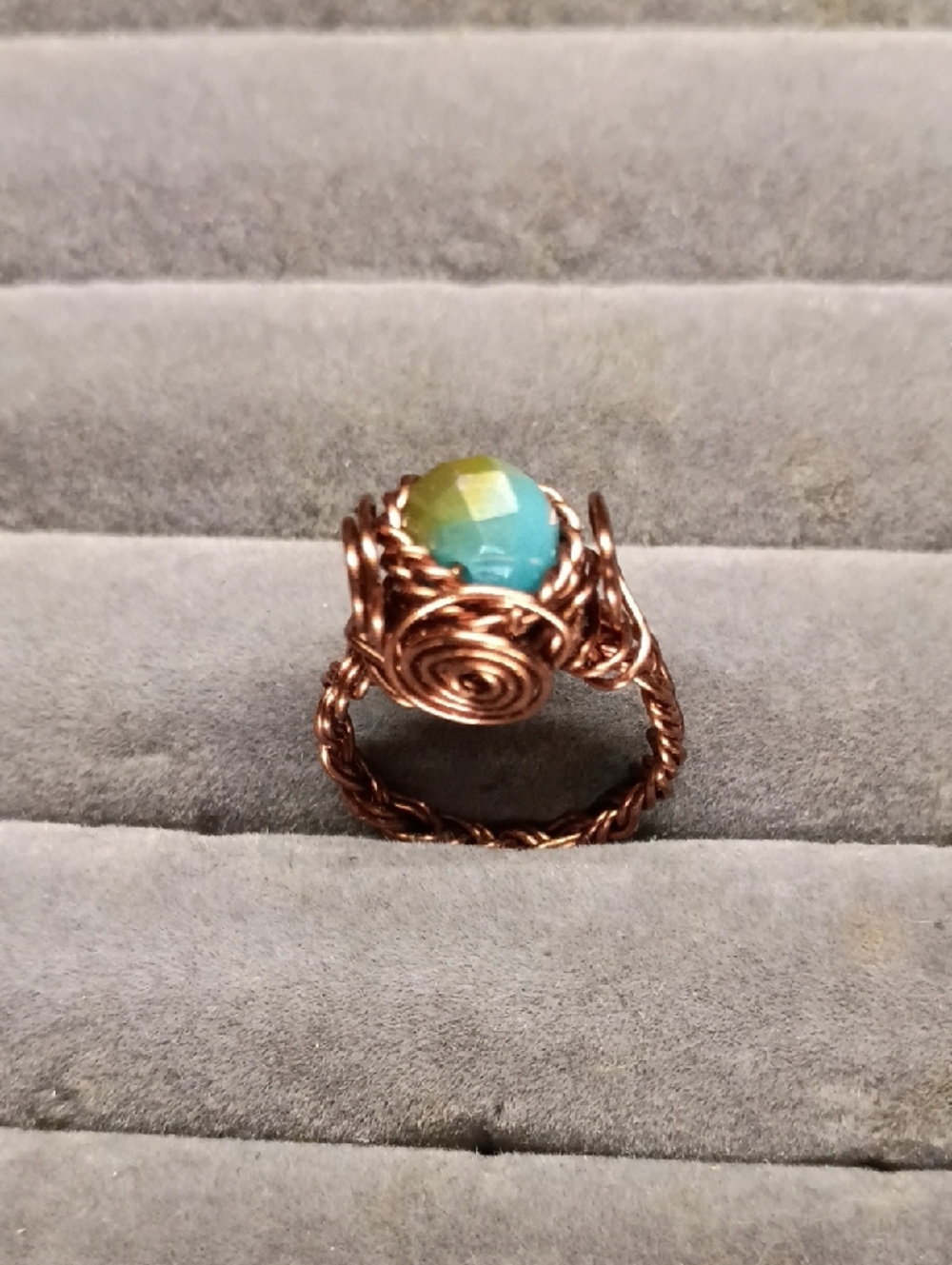Handcrafted Copper Wire Ring with Blue-Green Faceted Stone